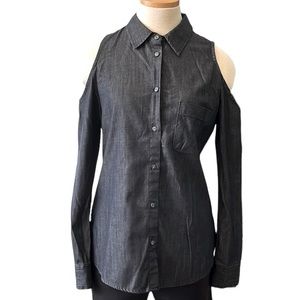 AG Adriano Goldschmied Button Down Cold Shoulder Long Sleeve, Dark Denim, Medium